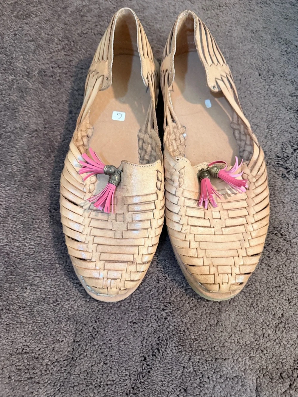 Woven Leather Tassel Loafers - Tan with Pink Tassels